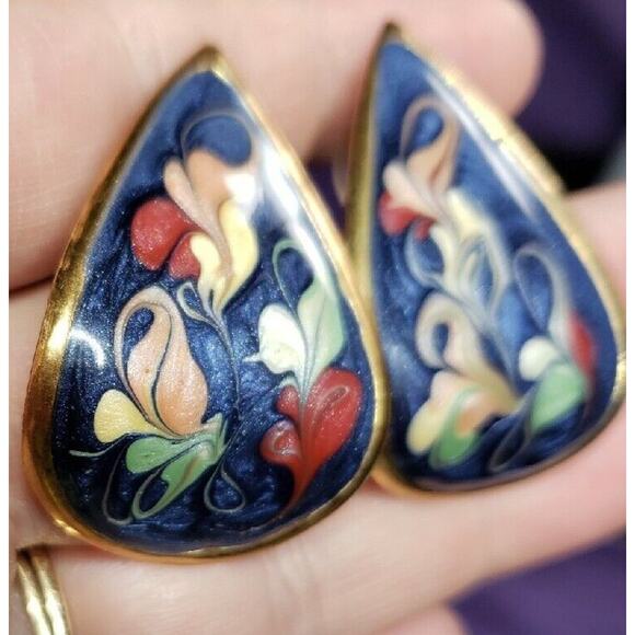 Retro Multicolored Earrings Glittery Swirl Enamel Curved Teardrop Gold Tone - Picture 3 of 13